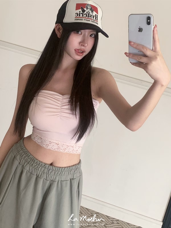 桃心領蕾絲鬆緊背心(罩杯可拆)